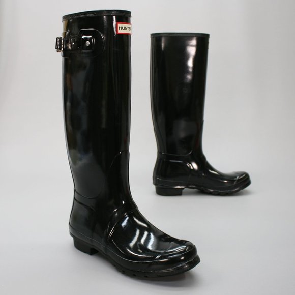 Hunter Ladies 9 Original Tall Gloss Black Buckle Strap WP Rubber Rain Boots - Picture 1 of 12